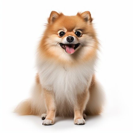 a pet pomeranian dog, with an elegant and emotive face, is seated on a white background. the dog is isolated and captured in black and grey tones, with a style of light orange and light maroon. the high-resolution image, shot with a graflex speed graphic camera, showcases the smooth and polished features of the dog. the wide-angle lens captures the dog's presence beautifully. ai generatedの素材