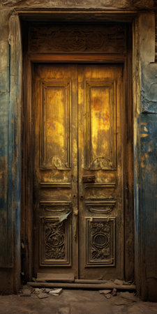rusty wooden door to an old boarding house, featuring a tonalist color scheme with dark gold and indigo tones. the golden hues evoke a sense of biblical grandeur, while the post-apocalyptic backdrops add a touch of mystery. this photo captures vignettes of paris, reminiscent of a national geographic feature. ai generatedの素材