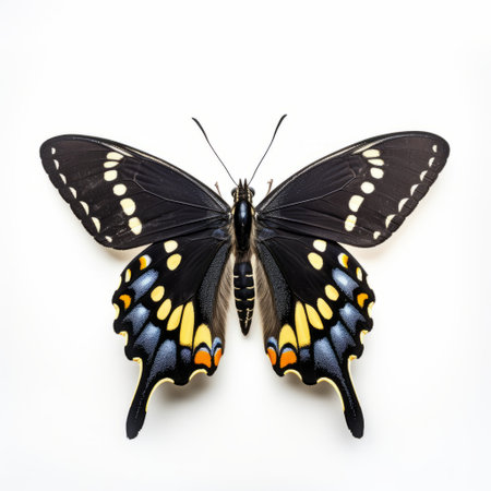 a butterfly with numerous yellow spots gracefully hovers over a pristine white background. this captivating aerial view photograph, reminiscent of the style of peter coulson and karen knorr, showcases a mesmerizing blend of light black and dark azure tones. the image exudes a narrative-driven visual storytelling approach, with symmetrical balance and a touch of paleocore aesthetics. ai generatedの素材
