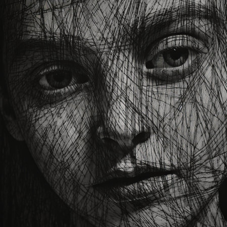 a black and white drawing of a woman with thick black lines, showcasing realistic hyper-detail and intricate weaving. the style is reminiscent of dark and dramatic chiaroscuro portraits, with detailed crosshatching. this uhd image captures a close-up of the subject, evoking a caravaggesque aesthetic. ai generatedの素材