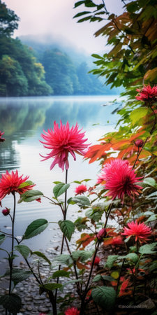 a serene lake with vibrant bee balm leaves in shades of red, orange, and yellow. the colorful foliage reflects beautifully on the calm waters, creating a peaceful and tranquil atmosphere. this hyper-realistic photo captures warm tones, dynamic lighting, and a sense of solitude. perfect for a vertical phone wallpaper, the high-resolution 16k image showcases intricate details. ai generatedの素材