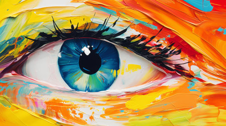 colorful eye painting by artist david hyland, featuring vibrant illustrations in a close-up view. this uhd image showcases the artist's heavy use of palette knives, resulting in a striking composition. the artwork displays a combination of light white and light orange tones, complemented by contrasting shades of dark yellow and sky-blue. ai generatedの素材
