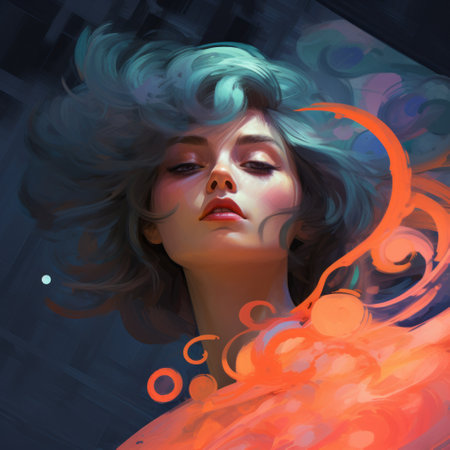 a digital art piece by cyril carmel showcasing ethereal illustrations in a dark aquamarine and orange color scheme. the portraits are brushstroke-intensive, reminiscent of sci-fi anime, with a touch of neon art nouveau. the artwork features a fluid and loose style, characterized by a high-keyed palette. ai generatedの素材