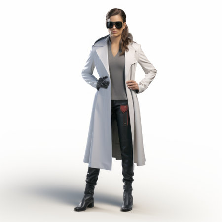 a hyperrealistic rendering of an elfin female in a white trenchcoat, wearing glasses, reminiscent of superheroes. this elegant uhd image, created in the style of octane render, showcases the intricate details of the leatherhide. a captivating and otherworldly depiction, this associated press photo captures the essence of mystery and fantasy. ai generatedの素材