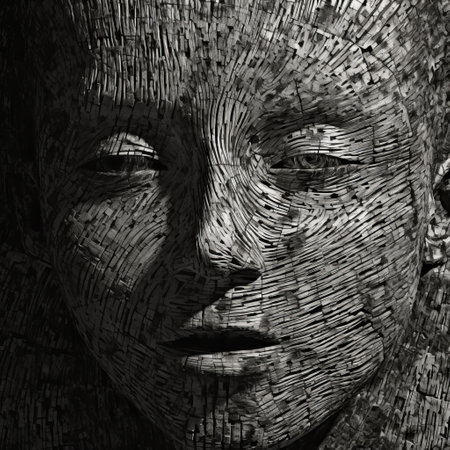 a black and white photo of a woman's face created using black and white pieces, resembling woodcut-inspired graphics. the image showcases a textural surface treatment, reminiscent of dogon art and thai art. the use of wood veneer mosaics adds a unique touch to this technological art piece. ai generatedの素材