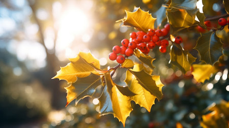 holly berries glisten under the warm sunlight, adorning a tree branch. this captivating photo captures the essence of golden light and showcases a saturated color scheme. lens flares add a touch of whimsy to the image. with its vibrant yellow and red hues, this nature-inspired imagery evokes the beauty of traditional british landscapes. explore this stunning photo on sketchfab. ai generatedの素材