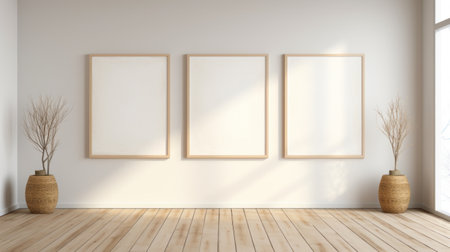 the room features three empty frames on the wall, creating a minimalist and clean-lined aesthetic. the 3d rendering showcases a light white and light beige color scheme, reminiscent of california plein air style. the focus is on the joints and connections of the frames, adding a touch of detail. the room exudes a monochromatic vibe, drawing inspiration from minimalist portraits and the hudson river school.の素材