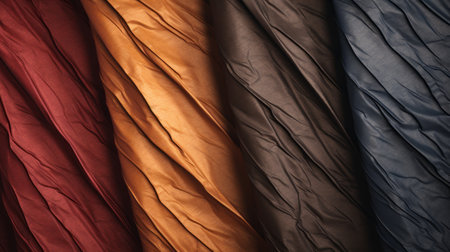 multiple colored strips of fabric, inspired by the style of tj drysdale, showcase a captivating color texture. the creased, crinkled, and wrinkled appearance adds depth and character to the fabric. the earthy color palettes, including dark bronze and light bronze, light navy and light crimson, and light black and dark amber, create a visually stunning composition. this artistic display is reminiscent of the work ofの素材