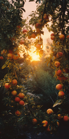 oranges hanging from trees in the style of graflex speed graphic, illuminated by golden light. captured with a rollei prego 90 camera, this atmospheric imagery by duccio showcases the vibrant colors of the oranges. the composition, combined with the cranberrycore aesthetic and zeen chin's artistic touch, creates a visually stunning photograph. ai generatedの素材