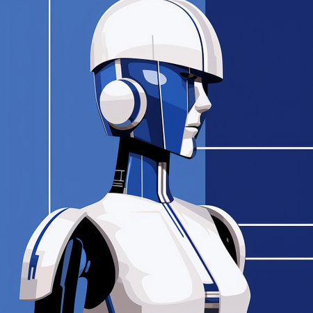a robot, in the style of digital constructivism, stands tall against a vibrant blue background. with its streamlined design and realistic hyper-detail, this robot exudes a strong facial expression. the white and navy colors add a touch of precisionist elegance to its trace monotone appearance. ai generatedの素材