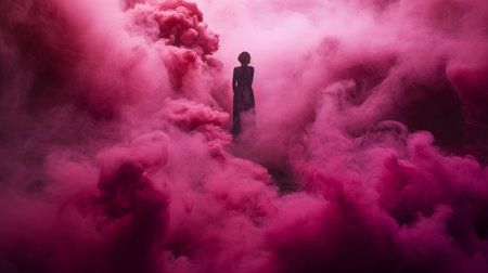 a person stands amidst vibrant red and pink smoke, creating a dreamy and surreal atmosphere. this image captures the essence of dark and moody landscapes, conceptual installation art, antebellum gothic aesthetics, and contemporary fairy tales. the atmospheric clouds add to the overall enchanting ambiance of this ultra-high-definition (uhd) image. ai generatedの素材