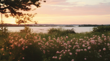 a picturesque lake adorned with vibrant pink flowers and lush foliage is captured in the enchanting hues of a sunset. this stunning scene, reminiscent of the danish golden age, is beautifully portrayed through the lens of a pentax k1000 camera. the image showcases coastal and harbor views, evoking a sense of tranquility and serenity. the atmospheric imagery, captured with a rollei prego 90 and contaxの素材