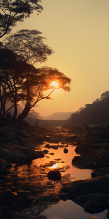 sunset over a field and river, capturing the beauty of a mysterious jungle. this uhd image, taken with the samyang af 14mm f2.8 rf lens, showcases the atmospheric woodland scenery in a light amber hue. the scene evokes a sense of tranquility and glistening beauty, reminiscent of the western zhou dynasty. ai generatedの素材