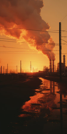 a steam plant and factory on the outskirts of town, captured at noon. the photo showcases a dark orange and light amber color palette, creating a raw and emotional imagery. shot with a fujifilm natura 1600 film, the backlight adds a reflective touch to this american tonalist style photograph. collaborative activism is also evident in the composition. ai generatedの素材