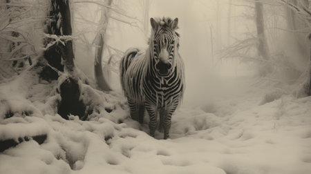 a zebra stands on a snow-covered slope, showcasing whimsical yet eerie animal symbolism. the mist-like effect created with ilford sfx film adds to the mysterious atmosphere. the zebra's presence in this dappled, intricate jungle scene is brought to life through the artist's use of hatching and photo-realistic techniques. ai generatedの素材