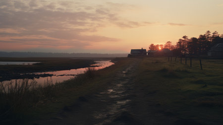 a house near the water, showcasing serene atmospheric perspective in stunning 8k resolution. this dutch landscape captures the essence of pastoral beauty with its light pink and dark amber hues. the unreal landscapes merge seamlessly with the tranquil surroundings, creating a mesmerizing scene that vergvoktre the senses. ai generatedの素材