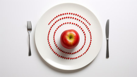 a plate featuring a red apple, knife, fork, and spatula arranged in a captivating display of quantum wavetracing. the design showcases intricate spirals and curves, with eye-catching dotted patterns reminiscent of organically inspired body art. the composition exhibits an orderly symmetry, created using innovative techniques. ai generatedの素材