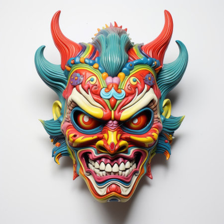 chinese dragon mask by wu zhang, a vibrant and captivating installation piece inspired by colorful comic book art. this rubber mask showcases wu zhang's reimagining of traditional religious art, incorporating unique yokai illustrations. the hyper-realistic sculpture exudes symmetrical chaos, making it a truly one-of-a-kind masterpiece. ai generatedの素材