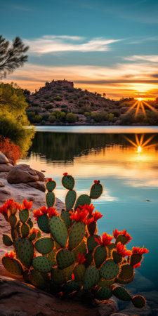 a serene lake with vibrant red, orange, and yellow cactus leaves reflecting on its still waters. the hyper-realistic style captures warm colors, dynamic lighting, and a peaceful solitude. perfect for a phone wallpaper, the vertical composition showcases the highly detailed and high-resolution 16k image. ai generatedの素材