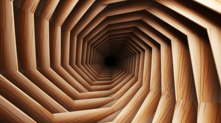 a 3d rendering image of a wooden tunnel in an unused factory showcases the intricate workings of a factory. the image is designed in the style of spiral vortex patterns, inspired by valentine penrose's art. it features faceted forms in light orange and dark beige, depicting psychological phenomena illustrations. the image also incorporates cellular formations and represents multilayered dimensions. ai generatedの素材