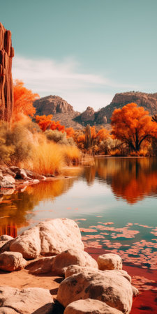 a serene lake with vibrant red, orange, and yellow cactus leaves reflecting on its still waters. the hyper-realistic style captures warm colors, dynamic lighting, and a peaceful solitude. perfect for a phone wallpaper, the vertical composition showcases the highly detailed and high-resolution 16k image. ai generatedの素材