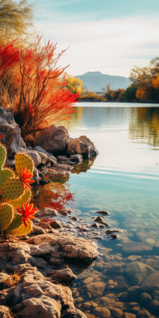 a tranquil lake embraced by vibrant cactus foliage, showcasing a stunning blend of reds, oranges, and yellows. the still waters mirror the vivid colors, creating a mesmerizing sight. this hyper-realistic photograph captures the essence of peaceful solitude, with warm tones and dynamic lighting. perfect for phone wallpapers, the vertical composition offers a serene escape. the image is highly detailed and available in high-resolution 16k. aiの素材