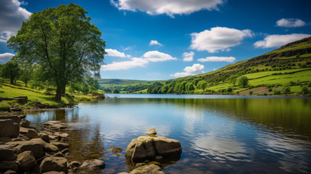 a serene mountain lake surrounded by blooming flowers, reminiscent of traditional british landscapes. this national geographic photo showcases the smooth and shiny waters, complemented by the sky-blue and green hues. capturing the essence of nature, this vibrant scene could easily serve as a backdrop for a stage production. shot on 70mm, the details are beautifully preserved. ai generatedの素材