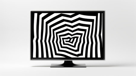 a monitor with black and white stripes on a white background is captured in this associated press photo. the psychedelic surrealism style is evident, with swirling vortexes and faceted forms. the audio-visual installations and found footage and video add to the escher-inspired feel of the image. ai generatedの素材