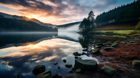 a stunning sunrise illuminates a serene lake nestled within a picturesque forest, reminiscent of traditional british landscapes. the ethereal cloudscapes add a touch of mystique to this national geographic-worthy photo captured by danny roberts. the smooth and shiny appearance of the lake is beautifully enhanced by the steinheil quinon 55mm f19 lens, resulting in a captivating image that echoes the artistry of jeff rowland. aiの素材