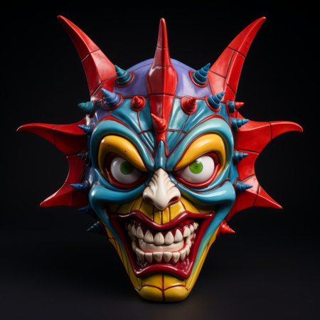 a colorful and vibrant devil mask design inspired by the iconic rock and roll imagery. this mask, created in the style of mike campau, features a playful and caricature-like appearance. with the use of vray tracing, chris dyer's artistic influence, and katsuhiro otomo's unique touch, this design showcases a vibrant play of light and shadow. ai generatedの素材