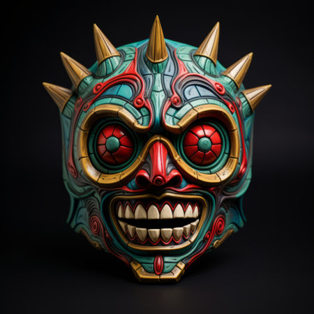 the torreo mask of the gods statue by torreadorito showcases a unique blend of yokai illustrations, indian pop culture, and meticulous design. with its dark cyan and red color scheme, the statue features detailed and layered compositions that are both colorful and eye-catching. the use of ray tracing adds depth and realism to this captivating artwork. ai generatedの素材