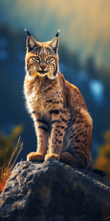 a lynx rests on a rock in a field during a stunning sunset. this hyper-detailed, precisionist artwork captures the realistic rendering of the scene. the dark amber tones add depth and intensity to the image, while the close-up perspective showcases the intricate details of the lynx and its surroundings. ai generatedの素材