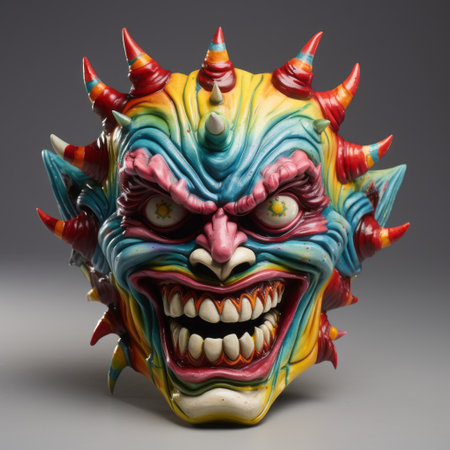 halloween sneeze monster mask with a psychedelic rock style, featuring realistic and hyper-detailed renderings. this sculptural ceramic mask showcases vibrant use of light and shadow, reminiscent of the 1980s. the photo was shot on 70mm film, capturing the intricate details of the manticore-inspired design. ai generatedの素材