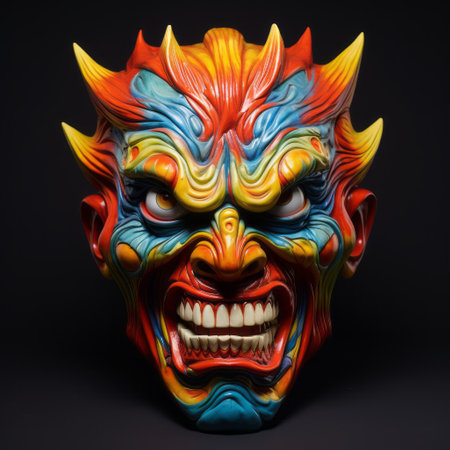 demon masks made by artefact, featuring a colorful realism style inspired by asian culture. created by talented artists such as mahiro maeda, mike campau, and patrick brown, these masks showcase a realistic portrayal of light and shadow. captured with the zeiss batis 18mm f2.8 lens, the intricate details of these masks come to life in stunning clarity. ai generatedの素材