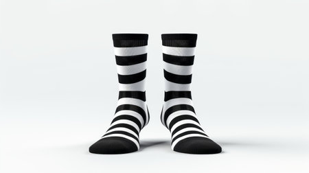 a pair of black and white striped socks, resembling luminous 3d objects, are showcased on a clean white background. these monochromatic artworks, created using cinema4d, exude a lowbrow aesthetic with their dark colors. the crisp and clean look of the socks adds a touch of bauhaus influence to the overall composition. ai generatedの素材