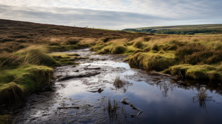 a stream running through expansive and atmospheric british landscapes, captured with the carl zeiss distagon t 15mm f/2.8 ze lens. the dark amber tones of the stream contrast beautifully with the sky-blue surroundings, creating a moody and reflective scene. the image showcases both the long distance and deep distance of the landscape, evoking a sense of vastness and tranquility. ai generatedの素材