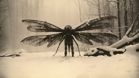 an old black and white photo captures an insect on the ground, reminiscent of the misty gothic style of artists igor morski, fernand khnopff, and the large-scale sculptures of peter sculthorpe. this photo evokes the atmosphere of american works on paper from 1880-1950, with a touch of snowy scenes. ai generatedの素材