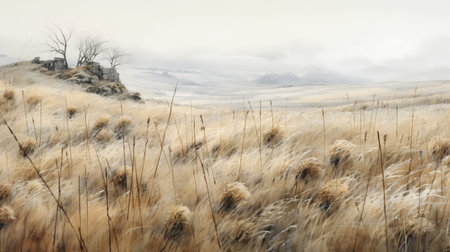 a painting depicting a mountainous landscape with a field of long tall grass, inspired by the artistic styles of david mould, guido borelli da caluso, and luis royo. the artwork showcases layered and atmospheric landscapes, capturing the photorealistic details of a serene rural scene in china. ai generatedの素材