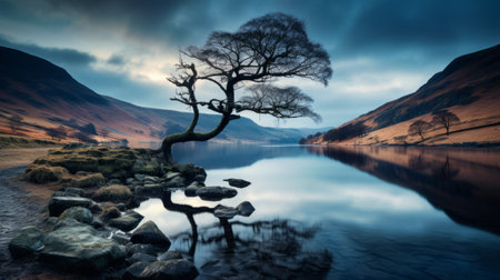a single tree stands in the water amidst the mountains, reminiscent of traditional british landscapes. the photo captures intense and dramatic lighting, showcasing the twisted branches of the tree. the color palette features dark cyan and silver tones, creating a captivating visual. this national geographic photo exudes a graceful balance and serene atmosphere. ai generatedの素材