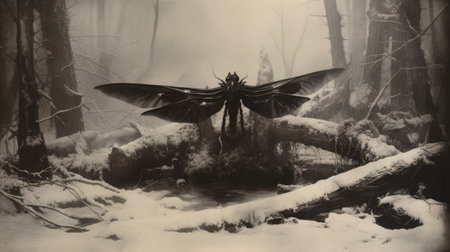 a black and white photo captures a beautiful creature in the snow, resembling a science fiction art piece. the creature is composed of insects, creating a hyperrealistic effect. the image showcases light-filled landscapes and layered imagery with subtle irony. cinematic lighting adds to the overall atmosphere, creating a unique and captivating changelingcore aesthetic. ai generatedの素材