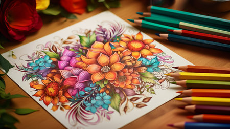 an insanely detailed and intricate coloring book is showcased in this ultra-realistic photograph. shot on a 25mm lens, the image features intrincated details with a depth of field and tilt blur effect. the lighting, including half rear lighting and backlight, creates a dramatic and elegant atmosphere. the photo's resolution is 32k, capturing every super-detailed aspect of the coloring book. ai generatedの素材