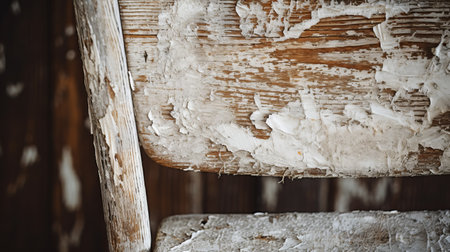 a chair in a sitting room showcasing peeling paint and raw texture. this close-up shot captures the cabincore aesthetic with its light beige and white color palette. the barbizon school influence is evident in the dusty piles and detail-oriented composition. ai generatedの素材