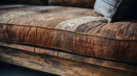 close up image of an old leather ottoman showcasing rustic americana style with unexpected fabric combinations. the juxtaposed elements of bentwood and gossamer fabrics add a touch of raw authenticity to this staged photography. ai generatedの素材