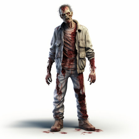 an actor wearing a comic book zombie costume stands against a white background, resembling the graphics of unreal engine and xbox 360. the image exudes a quietly morbid atmosphere with its light white and light red tones. the depiction of labor is depicted in a sparse and simple manner. ai generatedの素材