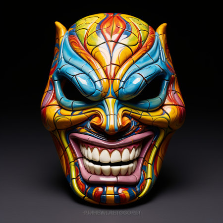 a colorful mask in black and gold, inspired by the style of realistic and hyper-detailed renderings. this mask, created using poured resin, features intricate designs reminiscent of marvel comics. with the use of the samyang 14mm f28 if ed umc aspherical lens, the mask captures intense emotions and draws inspiration from the angura kei and manticore aesthetics. ai generatedの素材