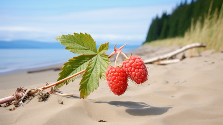 raspberry berries growing on sandy coastal scenery, captured beautifully by alexis gritchenko using the zeiss milvus 25mm f14 ze lens. this photograph showcases the vibrant colors of the berries against the sandy backdrop. inspired by elihu vedder and native american, first nations, and alaska native art, this contest-winning image exudes a romantic and captivating ambiance. ai generatedの素材