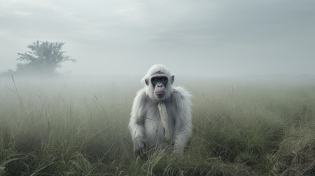 a white monkey wearing a black and white striped hat and tie stands in a foggy field, reminiscent of the artistic styles of mike winkelmann and aleksi briclot. this high-quality photo captures the playful character of the monkey, creating a visually captivating image similar to those found in national geographic or the art of burma by danh v. ai generatedの素材