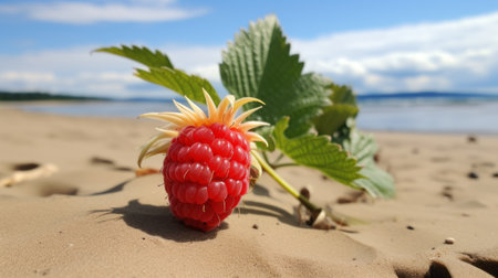 a vibrant slice of raspberry plant on an australian beach, captured with a nikon d750 and fujifilm superia film. the stunning norwegian nature backdrop adds to the allure of this 32k uhd photo, showcasing the beauty of nature. ai generatedの素材