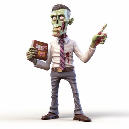 3d zombie man, dressed in a dress and tie, is captured in this photo while reading a magazine and holding a book. the character showcases dynamic and exaggerated facial expressions, embodying the unique style of grandparentcore. the color palette of light purple and green adds an inventive touch to the character design, reminiscent of the works of jean restout the younger and josef capek. thisの素材