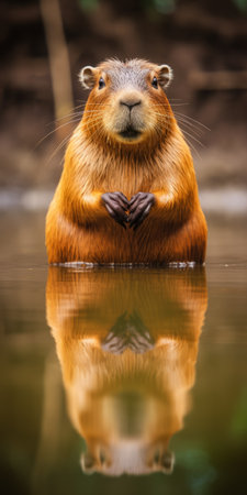 a beaver, captured in the style of sacha goldberger, miki asai, and adrianus eversen, sits in the water with its reflection in the foreground. the close-up shot showcases the emotional gestures of the beaver, while the use of light amber and black creates bold colors and marks. ai generatedの素材